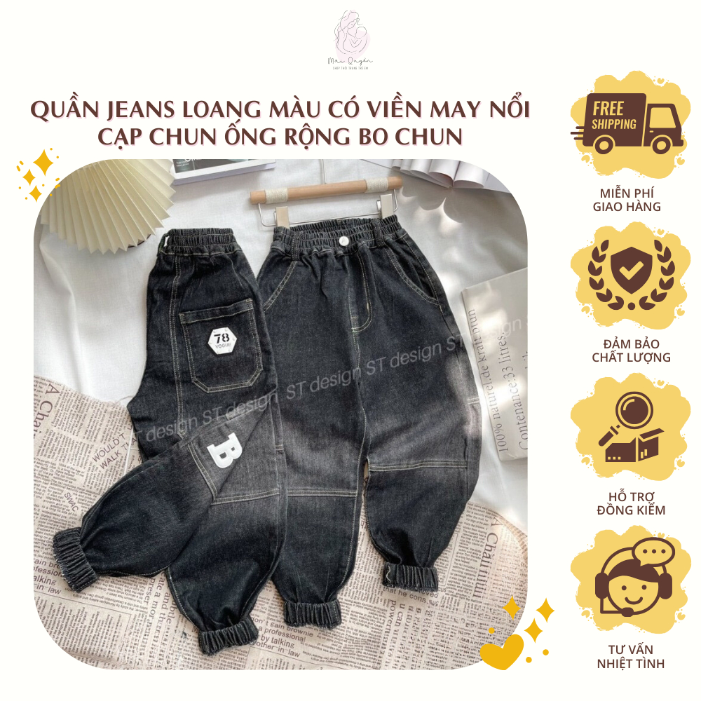 Quần jeans loang màu có viền may nổi cho bé trai từ 25-40kg, Quần jeans dài cạp chun, ống rộng bo chun cổ chân thêu chữ