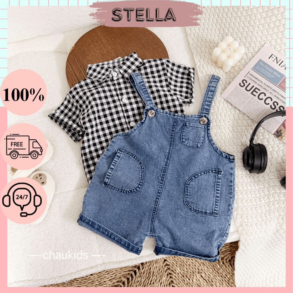 Set yếm Jean kèm áo sơ mi caro tay ngắn bé trai 7-15kg. Quần yếm cho bé mặc thôi nôi, đi chơi Stella Shop