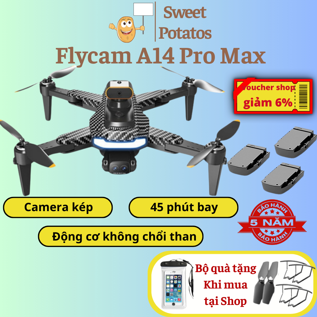 Máy bay điều khiển từ xa tập bay giá rẻ dành cho người mới chơi, Flycam chất lượng cao A14 Pro pin 2500mAh bay đến 25p