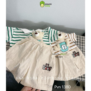 Đồ Bộ Cộc Tay Cho Bé Trai, Bé Gái KIMCHIBABY Áo Kẻ Đính Gấu Nổi, Bộ Quần Áo Polo Cho Bé Mặc Đi Chơi, Đi Học CK414