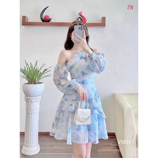 Đầm xoè voan hoa TRIPBLE T DRESS cổ yếm rớt vai siêu xinh - Free size