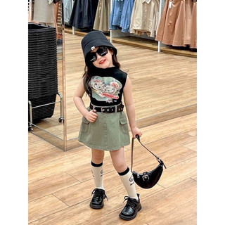 Set áo cotton in mèo 3D phối chân váy kaki mềm có quần bảo hộ cho bé gái size 10-30kg