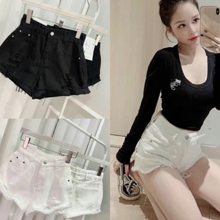 Quần short kaki nữ rách cạp cao ống đứng rách tua rua co giãn siêu tôn dáng