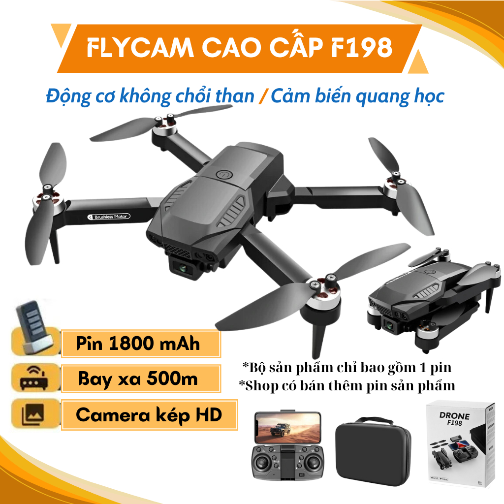 Plycam mini F198 Pro, Máy Bay Điều Khiển Từ Xa 4 Cánh Flycam Cao Cấp 2 Camera, Pin Lithium 1800mAh bay 18 Phút