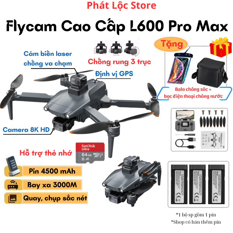 Máy Bay Flycam Camera 8k L600 Pro Max Có GPS Cảm Biến Chống Va Chạm, Gimbal Chống Rung 3 Trục, Động Cơ Không Chổi Than