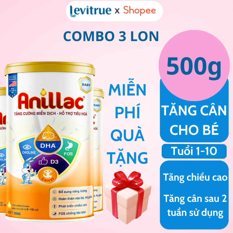 [TẶNG THÌA BÁO NÓNG] COMBO 3 Lon- Sữa bột công thức tăng cân cho trẻ thấp còi biếng ăn Anillac Medibest 500gr