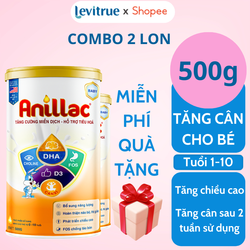 [TẶNG THÌA BÁO NÓNG ]COMBO 2 lon - Sữa bột công thức tăng cân cho bé, bổ sung dinh dưỡng Anillac Levitrue 500gr