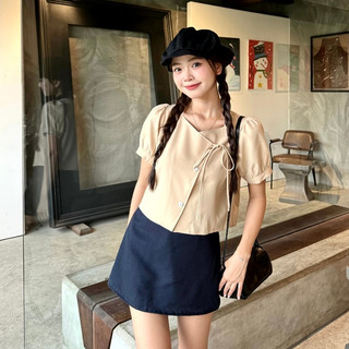 Áo Kiểu Nữ Thời Trang Chất Cotton, Áo Công sở Nữ, Áo Kiểu Hàn Quốc Cách Điệu Đắp Tà Tay Ngắn GAGO GA4665