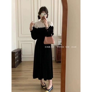Đầm nhung tay dài phối voan phần cổ freesize - Lyn's Closet