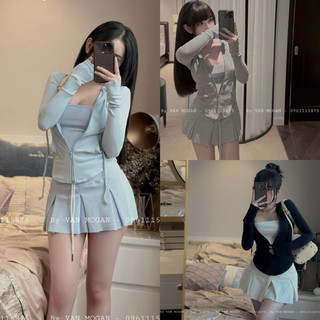 Set 3 món dạ : khoác crop tay dài + áo 2s trắng + chân váy