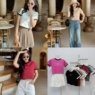 Áo croptop phối line sọc in chữ tay ngắn nhiều màu  freesize Pumi 15544