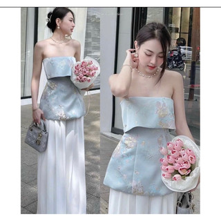 Áo Cúp Ngực Hồ Điệp Thiết Kế sang chảnh 2 dây, Áo cúp ngực gấm hoa dáng xòe, áo ống gấm cúp
