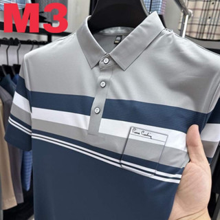 Áo thun POLO Trung niên Phối kẻ ngang thân áo, vải Thun Lạnh kháng khuẩn, chống nhăn, thoáng mát