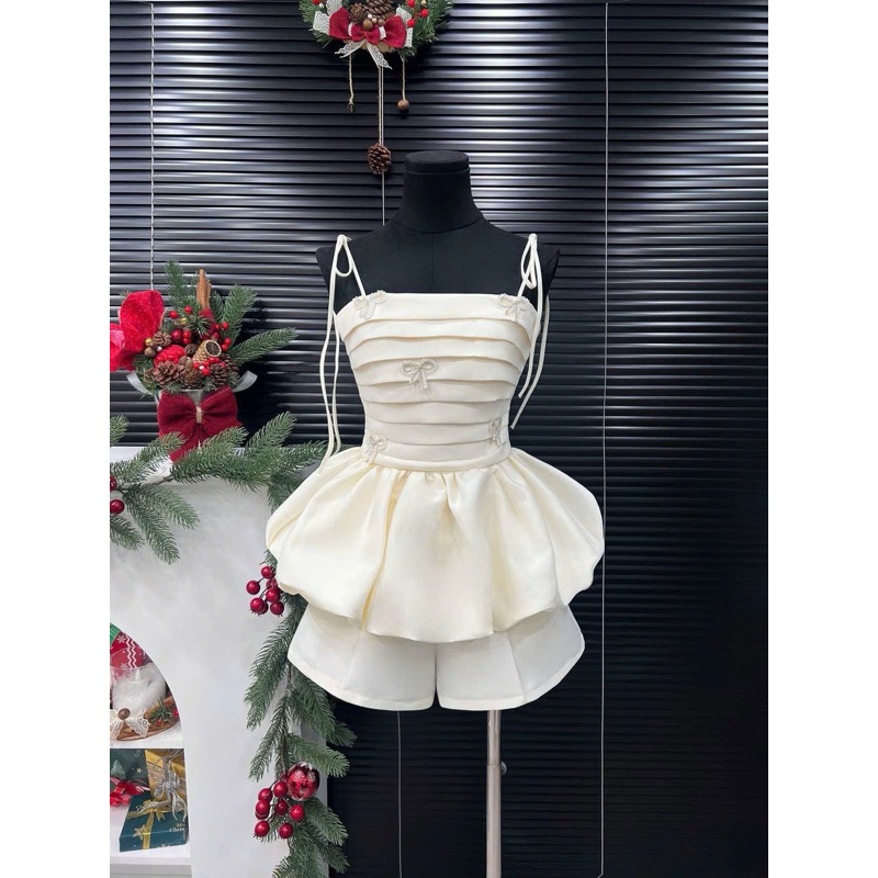 Đồ liền thân chất dạ bông cột nơ xinh xắn (hàng sẵn)