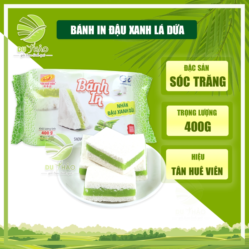 Bánh in đậu xanh lá dứa Tân Huê Viên 400g, bánh in Sóc Trăng túi 10 bánh bao bì riêng từng bánh