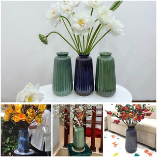 Bình cắm hoa gốm Bát Tràng cao 36cm, dáng trụ lá dứa, màu men bóng hoả biến xanh lam/xanh lá