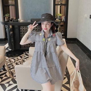 D11 Đầm caro tay phồng đính hoa