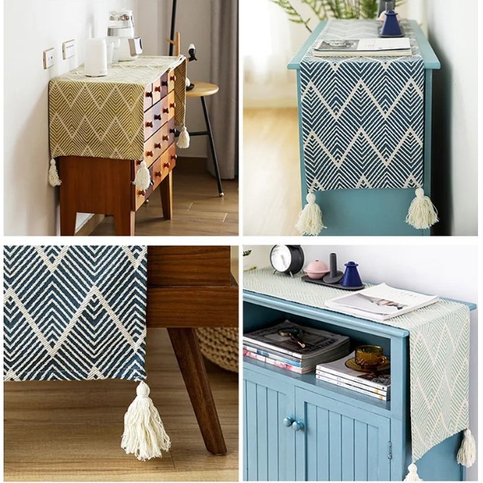 45*70/45*95/45*145cm KHĂN PHỦ TỦ KỆ vải thô mộc Vintage. Dải khăn phủ 4 góc tua rua đẹp trang nhã