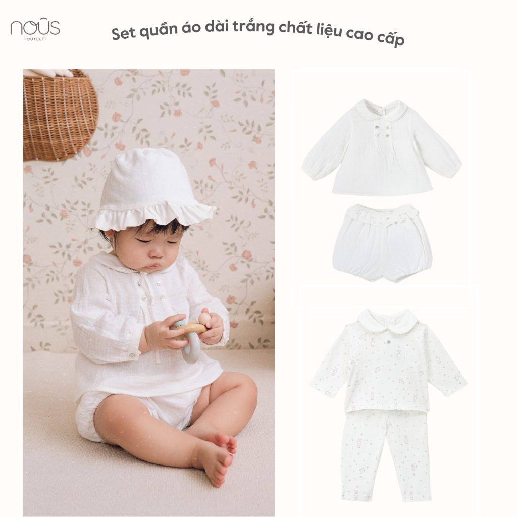 [Nous] Set quần áo dài trắng họa tiết chất liệu Petit à Petit cao cấp cho bé (size 3-12 tháng)