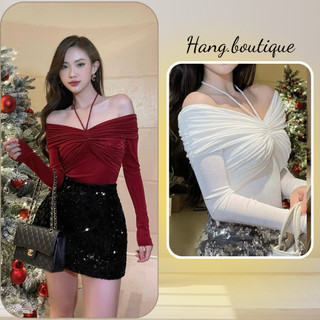 Áo trễ vai cổ yếm buộc dây ,áo trễ vai nữ cổ yếm dài tay ôm body tiểu thư sang trọng hangboutique s162
