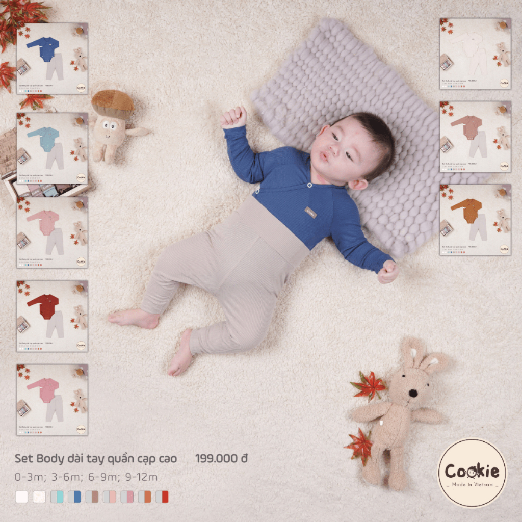 [COOKIE] Set body dài tay quần cạp cao cho bé size 0-1y