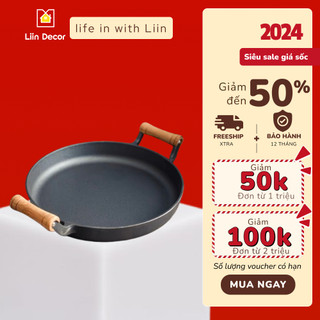 Chảo gang happiness 2 quai gỗ chống nóng, chống dính tự nhiên liin decor