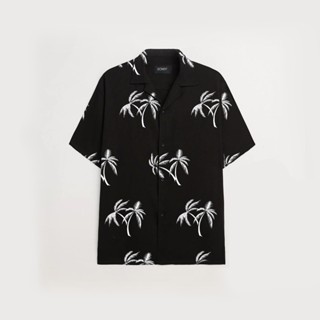  Áo sơ mi nam ROWAY vải lụa thoáng mát không nhăn form regular | Sơ mi họa tiết dừa đen 