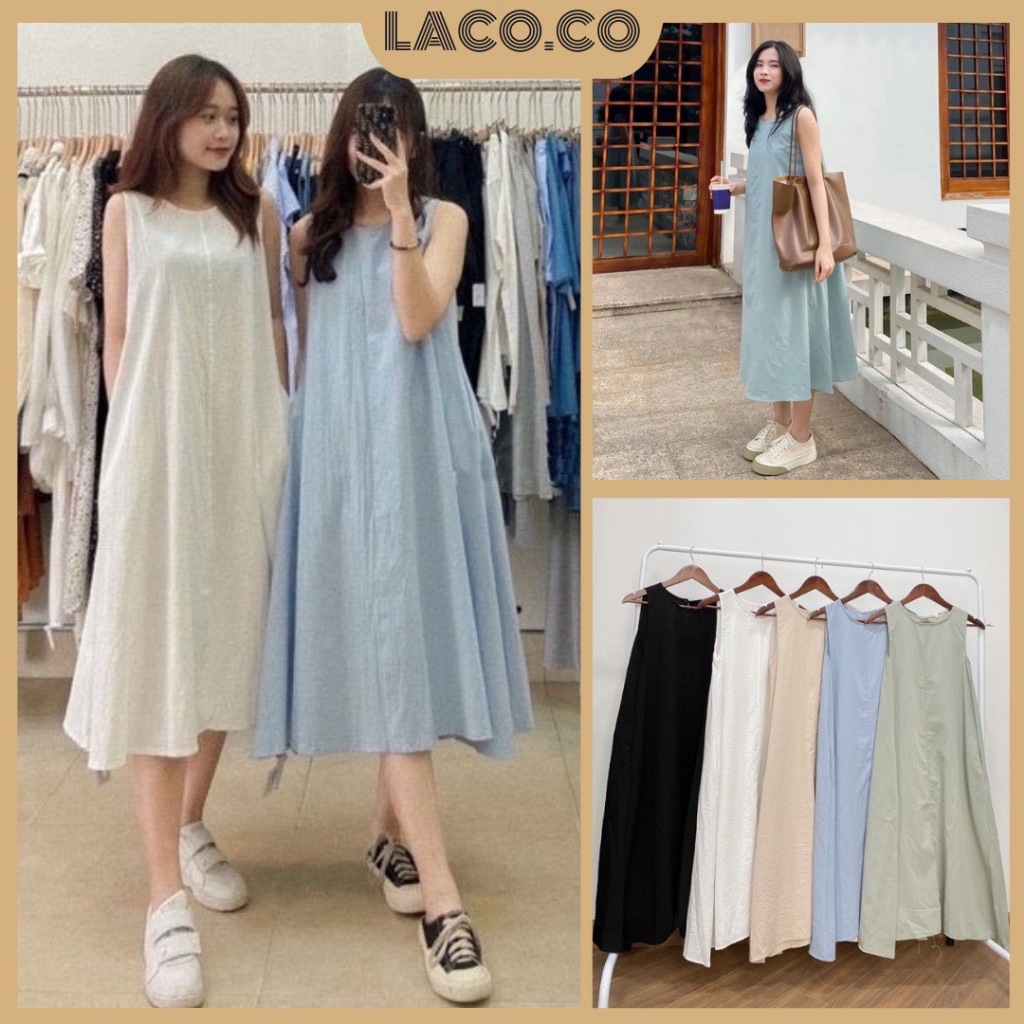 Váy 3 lỗ chất đũi dáng suông nhiều màu, đầm sát nách vải mát đi biển MSP LACO72