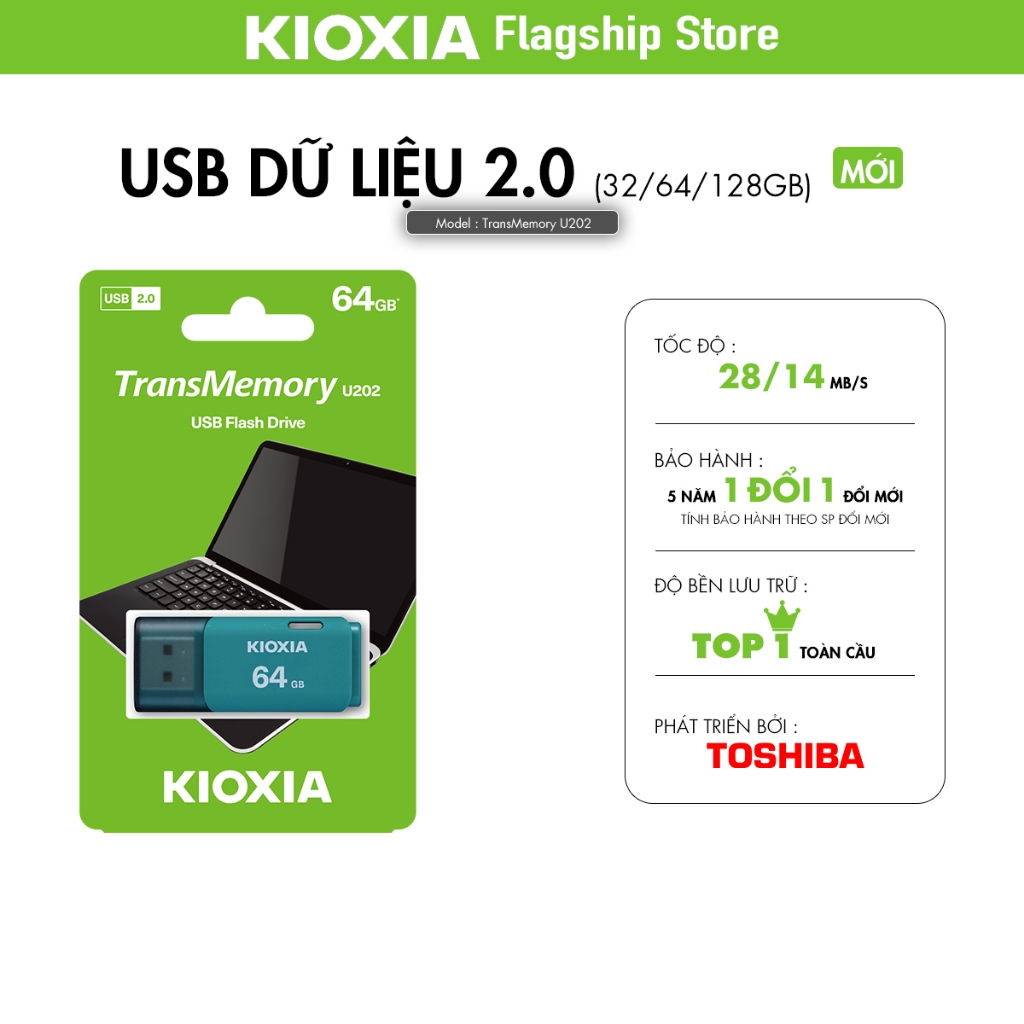 USB dữ liệu KIOXIA tốc độ 2.0 [ TransMemory U202 ] - Hàng Chính Hãng ( 32GB 64GB 128GB )
