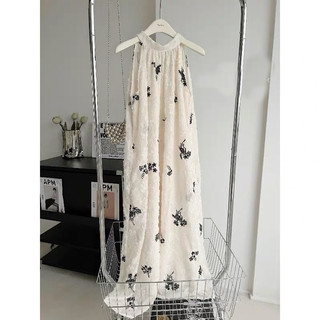 đầm maxi cổ yếm hoa nổi (Sẵn)
