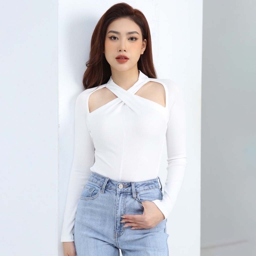 Áo thun kiểu nữ tay dài cổ chéo chất liệu vải gân lụa cao cấp sang trọng CS13, CT JEANS