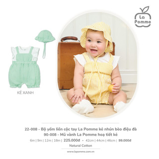 Bộ yếm liền Cotton cộc tay La Pomme kẻ nhún bèo điệu đà cho bé gái 22008