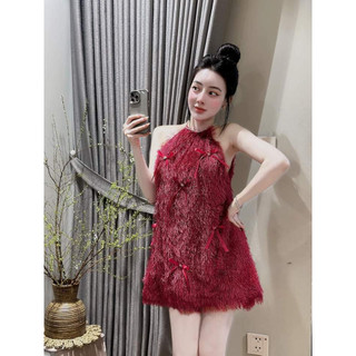 Váy Lông Cổ Yếm Dáng Ngắn Xoè Đính Nơ Bánh Bèo Nữ Tính Đính Đá Cổ Siêu Sang Chảnh - Váy Thiết Kế BẢO ANH