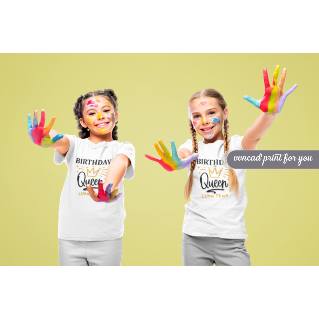 Áo thun sinh nhật bé trai bé gái T-Shirt Unisex Cotton custom name với họa tiết Birthday King and Qu