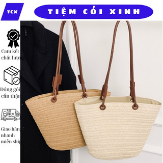 Túi cói dây da kiểu túi hình thang phong cách vintage Tiệm Cói Xinh