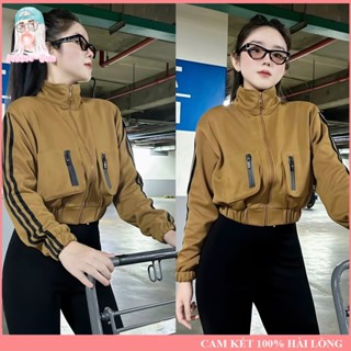 Áo Khoác Nữ Tay Dài Sọc Tay Thun 2 Da Túi Hộp Khoá Kéo 6 Túi Dưới 60KG BUBBLE GUM AK04