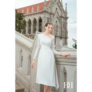 Dhotra dress darling diva - đầm midi lệch vai tay dài vạt xéo xẻ tà