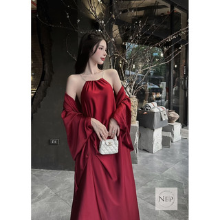 Set váy cổ yếm rúm sườn + áo choàng lụa