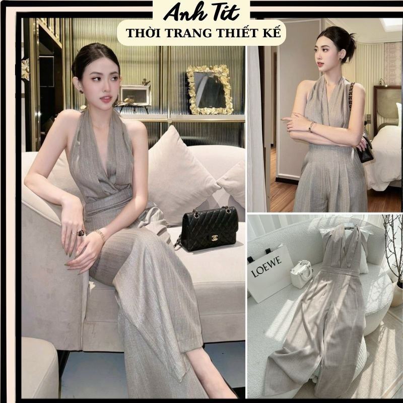 Jumpsuit Nữ Dài Hở Lưng Thắt Nơ Dáng Dài Ống Rộng, Set Jumpsuit Dài Cổ Yếm Ống Rộng Màu Xám Hàng Thiết Kế-AnhTítBoutique