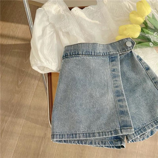Set quần giả váy và áo sơ mi BAKI.KIDS, set chân váy denim và áo sơ mi phối bèo cho bé gái