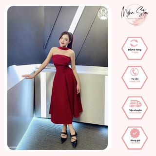 Đầm đỏ trễ vai thiết kế dài dự tiệc cúp ngực xếp ly sang trọng