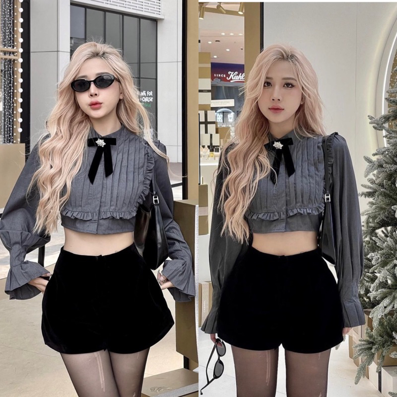 Áo sơ mi xếp ly ngực cổ bèo Size S M L  (kèm tag nơ) SẴN HOẢ TỐC | BigBuy360 - bigbuy360.vn