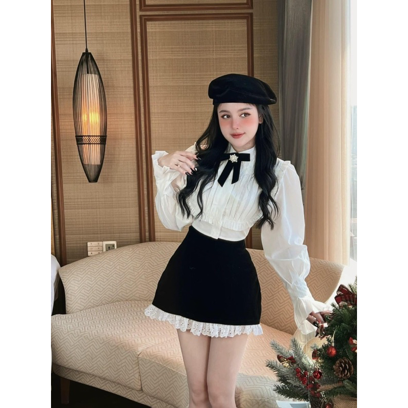 Áo sơ mi xếp ly ngực cổ bèo Size S M L  (kèm tag nơ) SẴN HOẢ TỐC | BigBuy360 - bigbuy360.vn