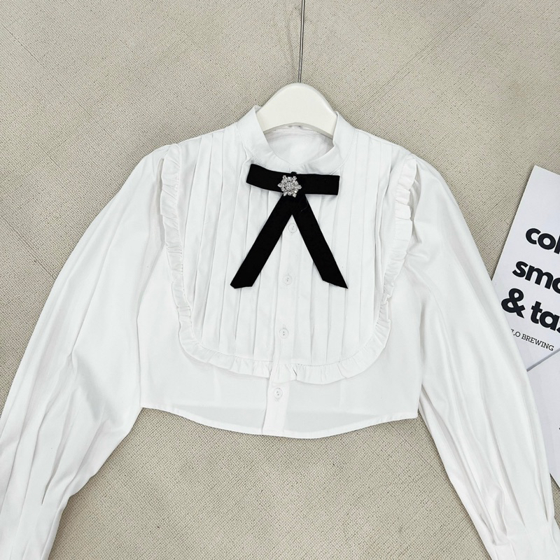 Áo sơ mi xếp ly ngực cổ bèo Size S M L  (kèm tag nơ) SẴN HOẢ TỐC | BigBuy360 - bigbuy360.vn