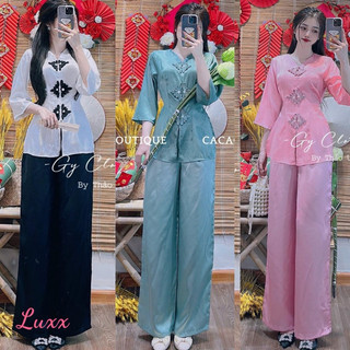 Set bộ pháp phục lam bà ba gấm nút tàu tay lỡ xẻ tà + quần satin xuông rộng