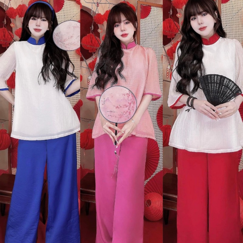 Set Lam Áo Trụ Tơ Tay Lỡ Viền Màu 2 Lớp Form Rộng + Quần Ống Xuông Tuyết Nhung Mềm Mịn