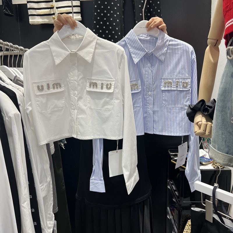 Sơ mi kẻ dáng croptop đính hạt miumiu, sơ mi dáng croptop / Ga.Studio