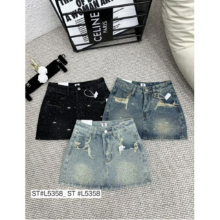 Chân váy ngắn jean túi rách, denim, bò đính đá túi xước bling bling QCCC LuciK Shop 5358 CV0060