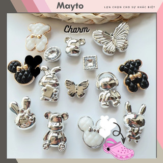 Sticker, Charm 3D chủ đề Bling trắng đen bạc 2024 DIY Mayto gắn Dép Cross, Dép Sục, Cá Sấu JB-110