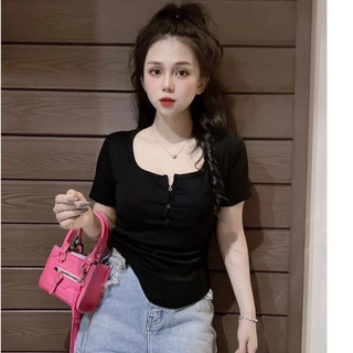  Thời Trang Nữ Áo Thun Nữ Cổ Vuông Thun Gân Tăm Bigsize 50-90Kg 